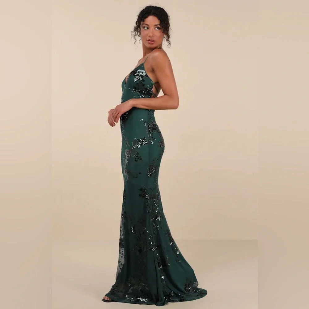 Lulus Valhalla Forest Green Sequin Lace-Up Maxi Dress - Picture 4 of 7